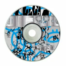 Płyta CD z projektem graficznym w stylu graffiti, zawierającym niebieskie i czarne wzory oraz elementy przypominające futurystyczne maszyny.