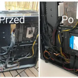 Porównanie wnętrza obudowy komputera przed i po uporządkowaniu kabli i montażu dysku SSD Crucial BX500 240GB, widoczna płyta główna.