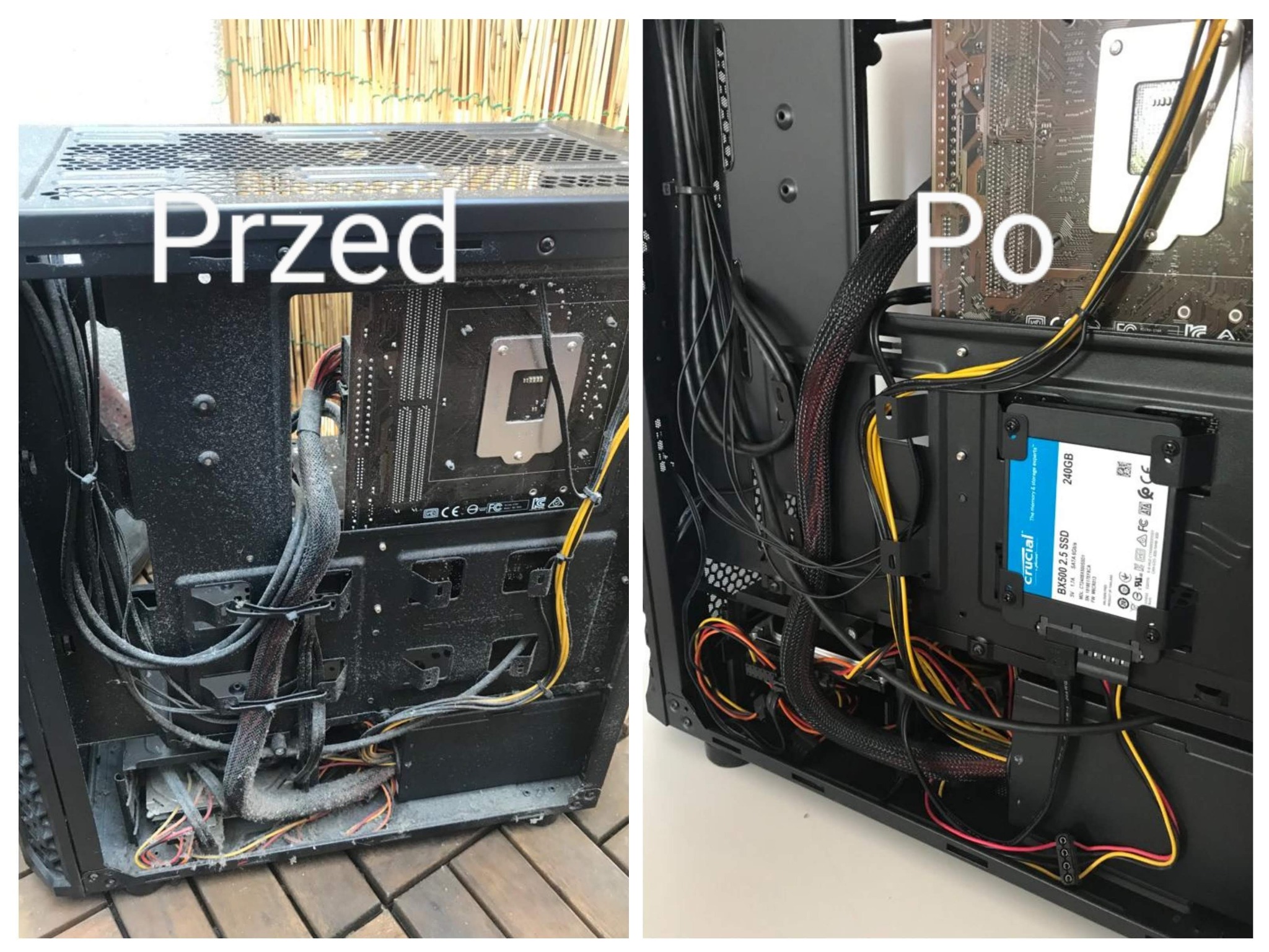 Porównanie wnętrza obudowy komputera przed i po uporządkowaniu kabli i montażu dysku SSD Crucial BX500 240GB, widoczna płyta główna.