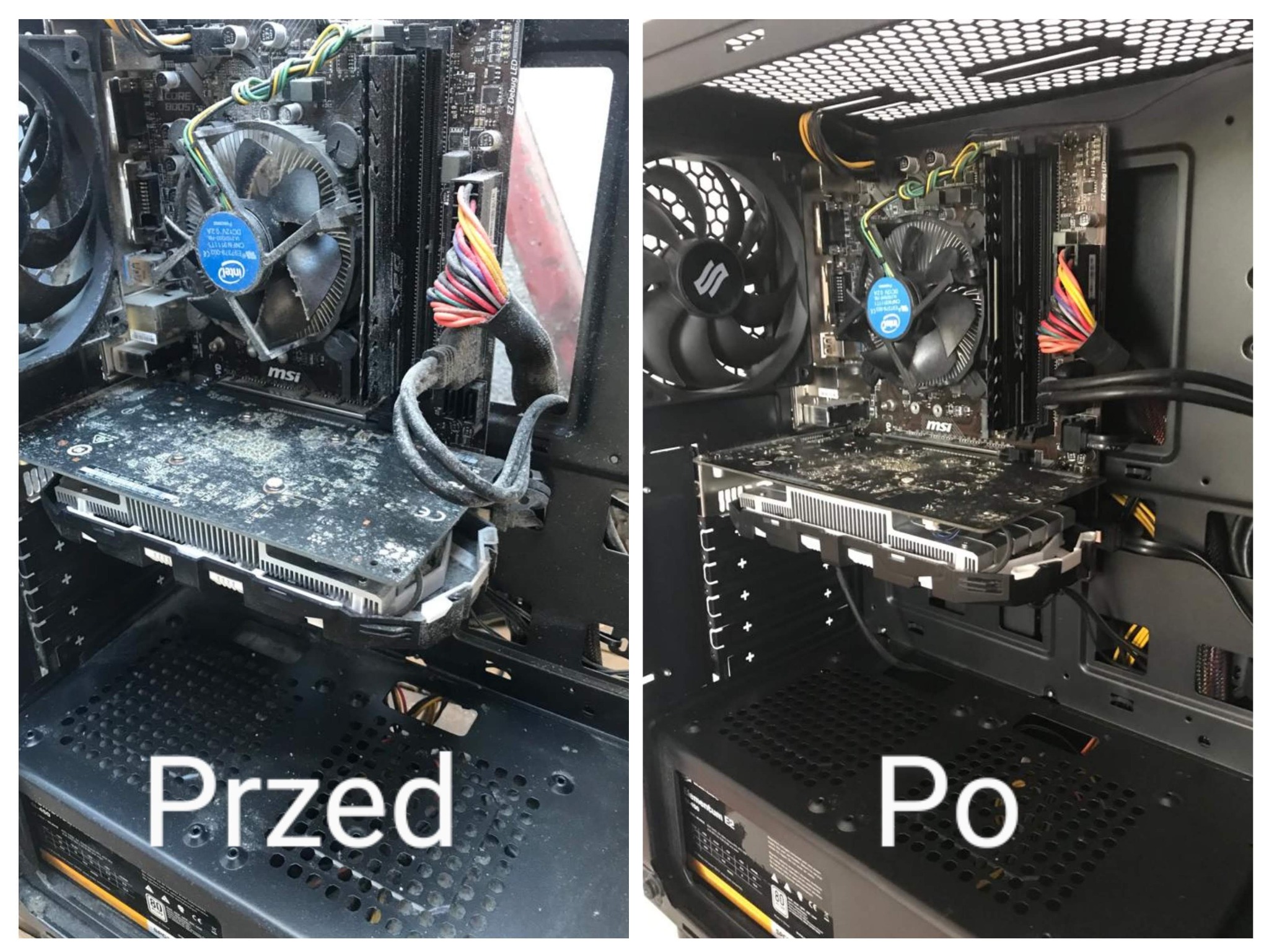 Zdjęcie przedstawia wnętrze obudowy komputera typu desktop przed i po czyszczeniu, z widoczną zakurzoną kartą graficzną MSI z wentylatorem Intel na górze po lewej stronie oraz czystą kartą...