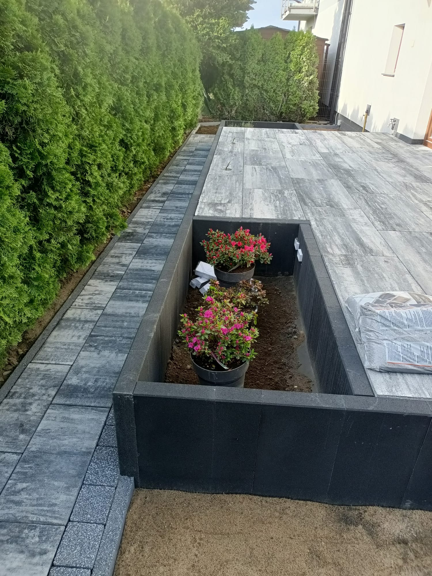 Szara kostka brukowa ułożona wzdłuż żywopłotu i jako taras z wbudowaną rabatą na kwiaty. Rabata wykończona czarnymi, betonowymi elementami.