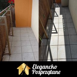 Elegancko Posprzątane - Balkon z terakotą przed i po czyszczeniu. Po lewej widoczny brudny balkon, po prawej czysty. Na górze kadru widoczne czerwone kwiaty.
