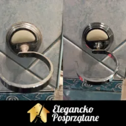 Uchwyt na ręcznik w łazience: po lewej brudny, po prawej lśniący po czyszczeniu. Efekt 'przed i po' na tle niebieskich płytek.