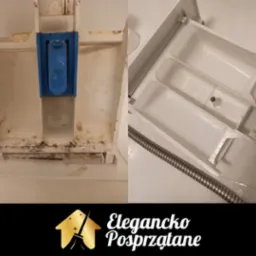 Przed i po: wyczyszczona szuflada na detergenty w pralce. Po lewej brudna, z osadami, po prawej czysta, z kroplami wody. Wąż doprowadzający wodę widoczny w prawym dolnym rogu.