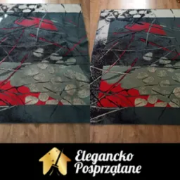 Dywan wzorzysty przed i po czyszczeniu, leżący na drewnianej podłodze. Widoczne różnice w kolorze i wyglądzie włókien.