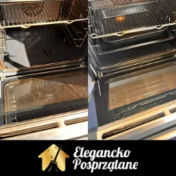 Piekarnik przed i po czyszczeniu: brudny, tłusty piekarnik po lewej, lśniący czystością po prawej. Widoczne ruszty i szyba piekarnika.