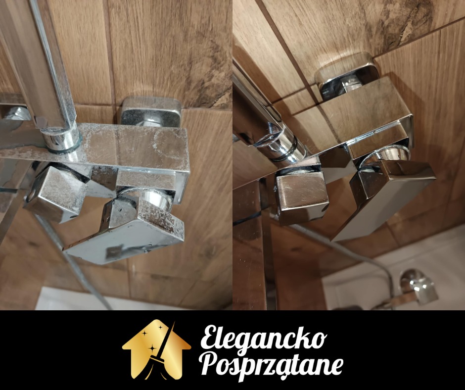 Kran prysznicowy przed i po czyszczeniu, widoczne osady kamienia usunięte, błyszcząca powierzchnia.