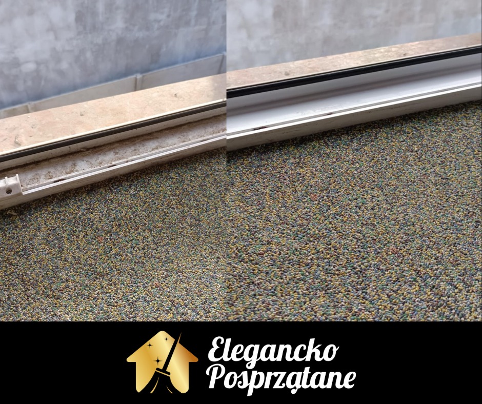 Zdjęcie okna przed i po czyszczeniu, z widoczną różnicą w zabrudzeniach. Po lewej brudne okno, po prawej czyste. Widoczne ziarniste tło.