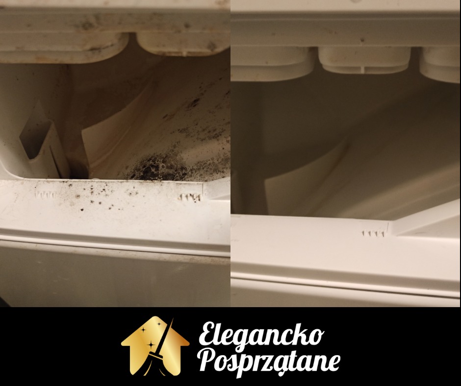 Zdjęcie 'przed i po' czyszczenia wnętrza lodówki: po lewej widoczne pleśń i zabrudzenia, po prawej czysta powierzchnia. Kontrastowe porównanie efektu sprzątania.