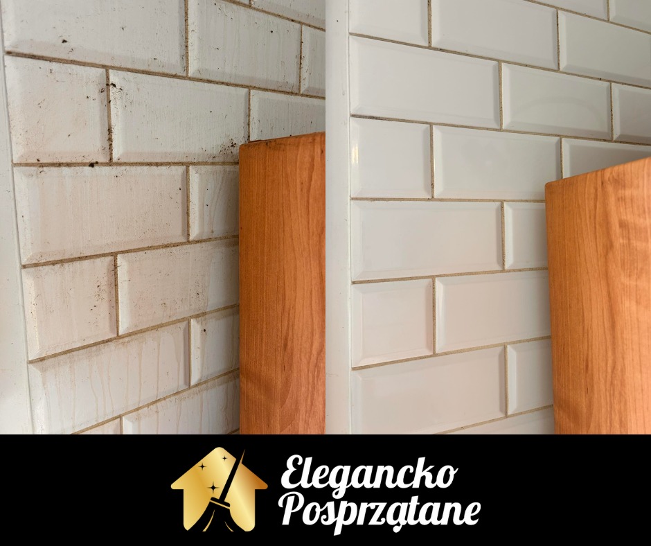 Kafelki typu metro, białe, na ścianie, w układzie cegiełki. Po lewej brudne, po prawej czyste. Efekt 'przed i po' sprzątania. Fragment drewnianej listwy.