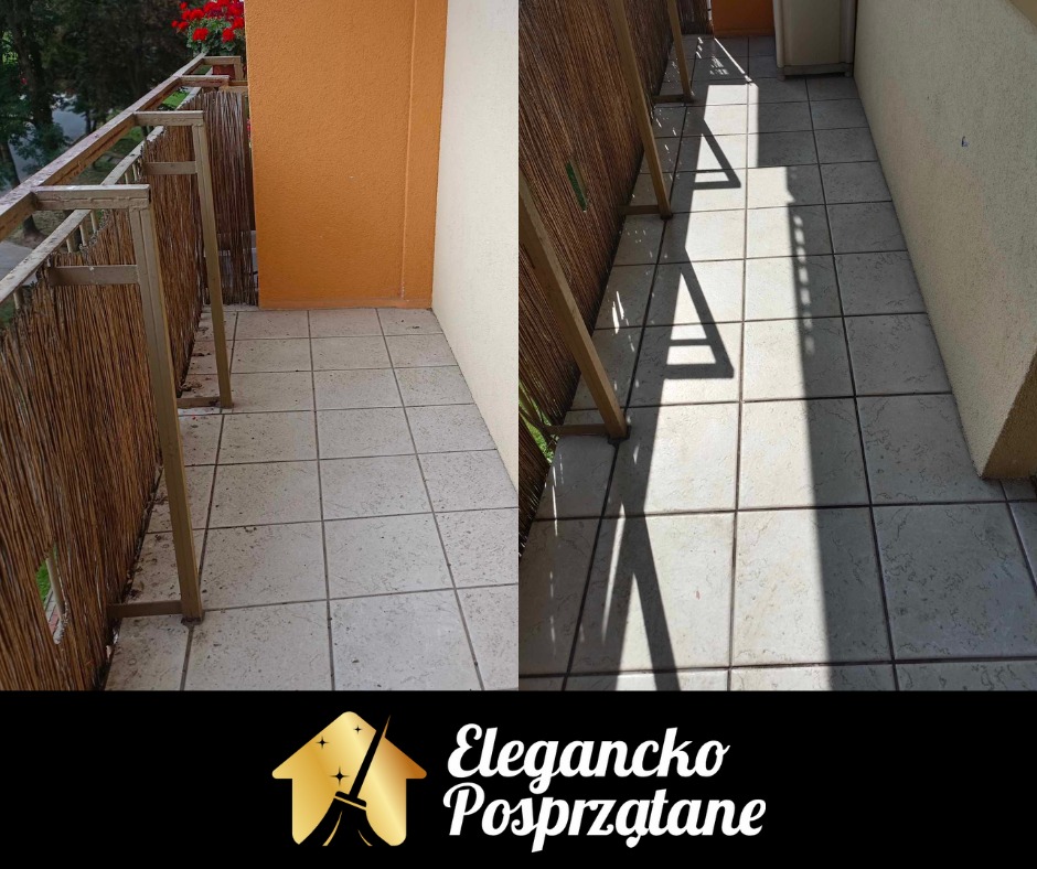 Balkon z terakotą przed i po czyszczeniu. Po lewej widoczny brudny balkon, po prawej czysty. Na górze kadru widoczne czerwone kwiaty.