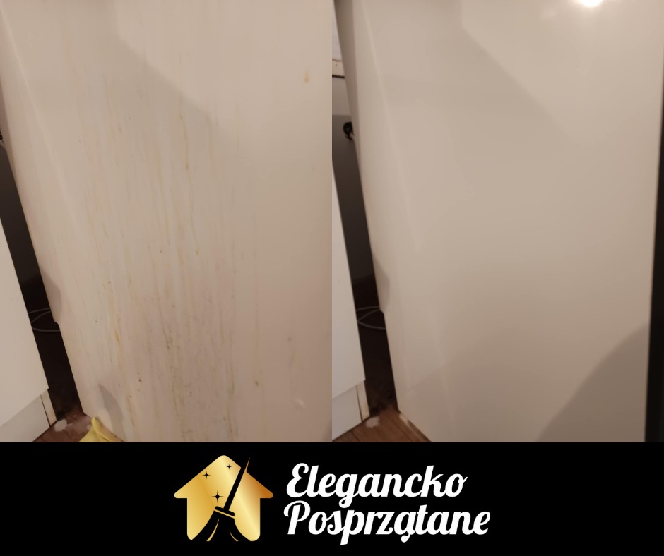 Zdjęcie 'przed i po' prezentujące efekt czyszczenia białej szafki. Po lewej stronie widoczne zabrudzenia, po prawej powierzchnia po umyciu, czysta i lśniąca.