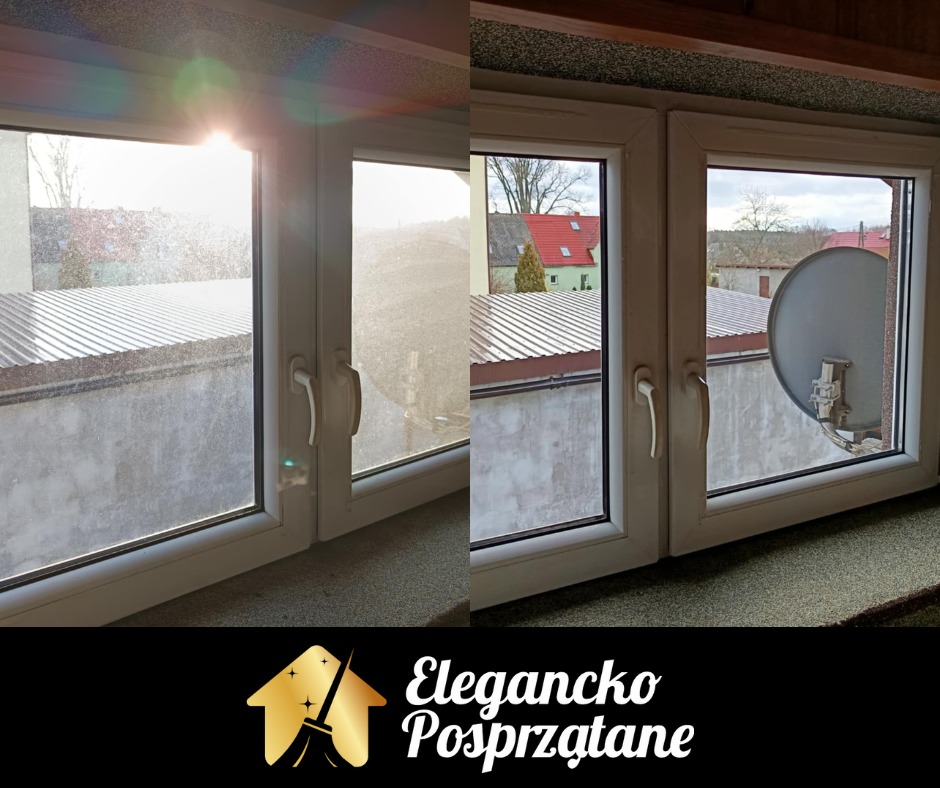 Okno PCV przed i po umyciu, widoczne różnice w przejrzystości szyby i czystości ramy. Po prawej stronie okno z anteną satelitarną za szybą.