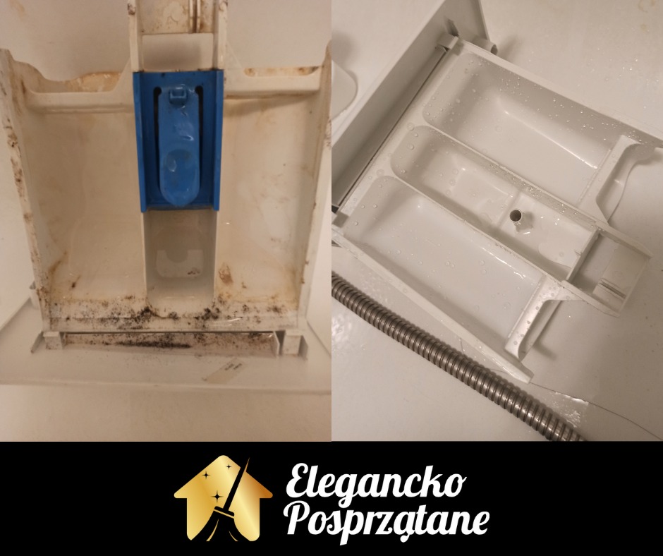 Przed i po: wyczyszczona szuflada na detergenty w pralce. Po lewej brudna, z osadami, po prawej czysta, z kroplami wody. Wąż doprowadzający wodę widoczny w prawym dolnym rogu.