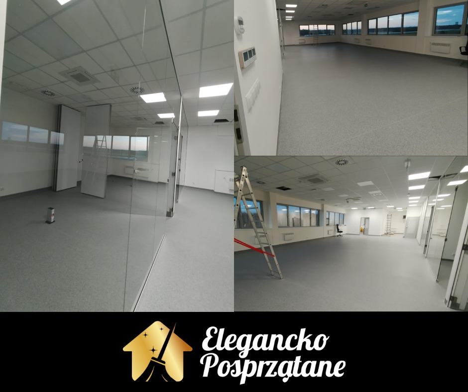 Wnętrze biura po sprzątaniu: szklane ściany, czysta podłoga, drabina oparta o ścianę. Widok na puste, jasne pomieszczenia biurowe z oknami.