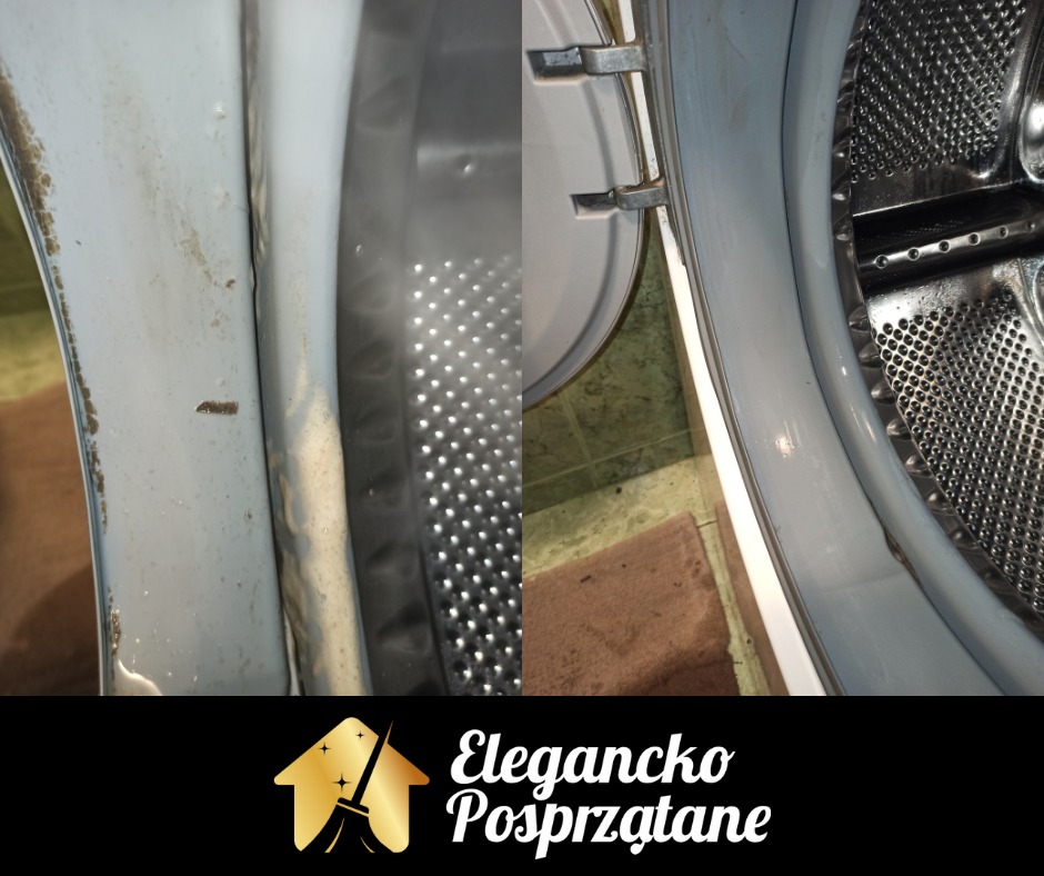 Zdjęcie 'przed i po' czyszczenia uszczelki pralki automatycznej. Lewa strona z zabrudzeniami, prawa po czyszczeniu, ukazująca efekt.