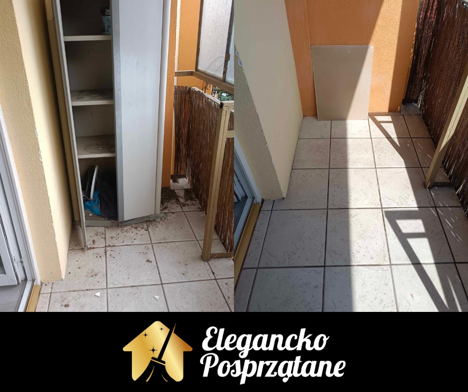 Balkon przed i po sprzątaniu: widoczny bałagan przed, czysta podłoga po; szafka otwarta, śmieci na podłodze, po prawej czysty balkon z płytkami i fragmentem ściany.