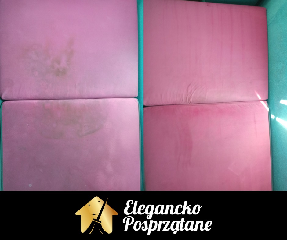 Różowe poduszki kanapowe przed i po czyszczeniu, widoczne plamy usunięte, ukazujące efekt usługi prania tapicerki.