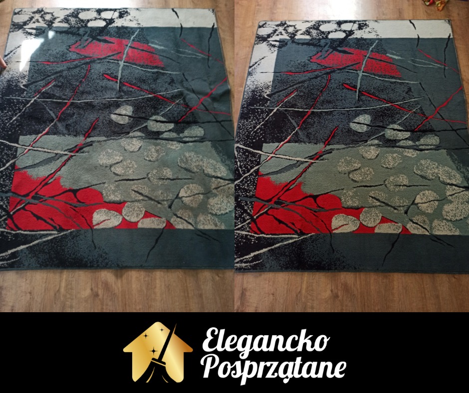 Dywan wzorzysty przed i po czyszczeniu, leżący na drewnianej podłodze. Widoczne różnice w kolorze i wyglądzie włókien.