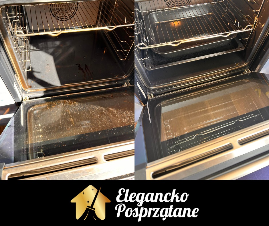 Piekarnik przed i po czyszczeniu: brudny, tłusty piekarnik po lewej, lśniący czystością po prawej. Widoczne ruszty i szyba piekarnika.