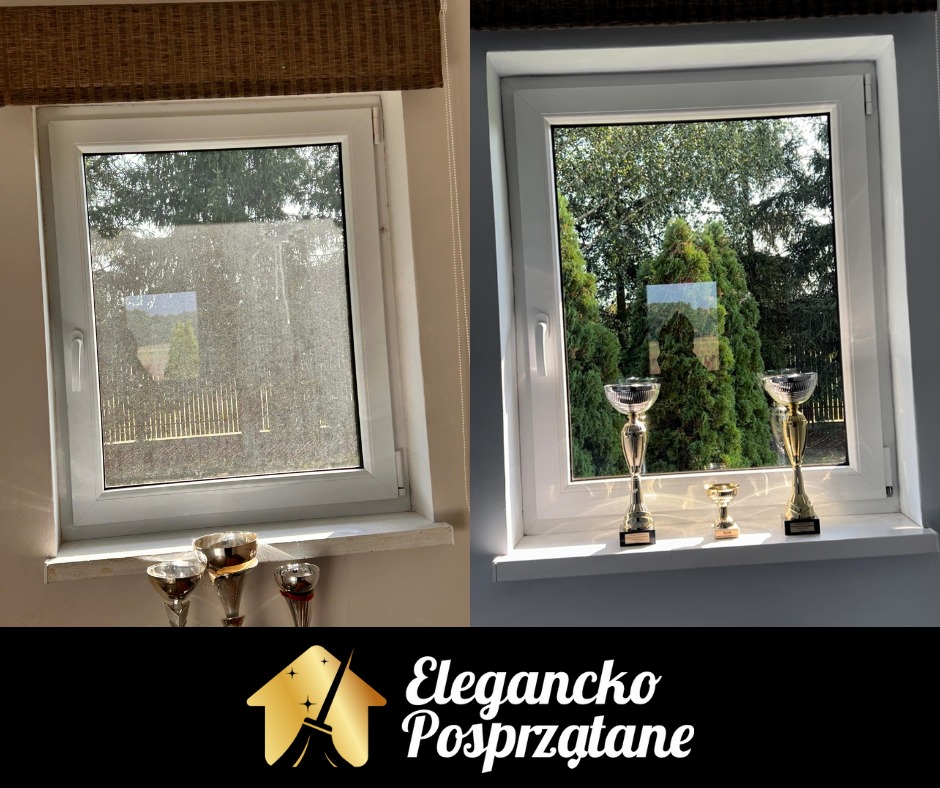 Okno PCV przed i po umyciu, na parapecie stoją puchary. Widok na zieleń za oknem. Kontrast czystości. Logo firmy sprzątającej w dolnej części.