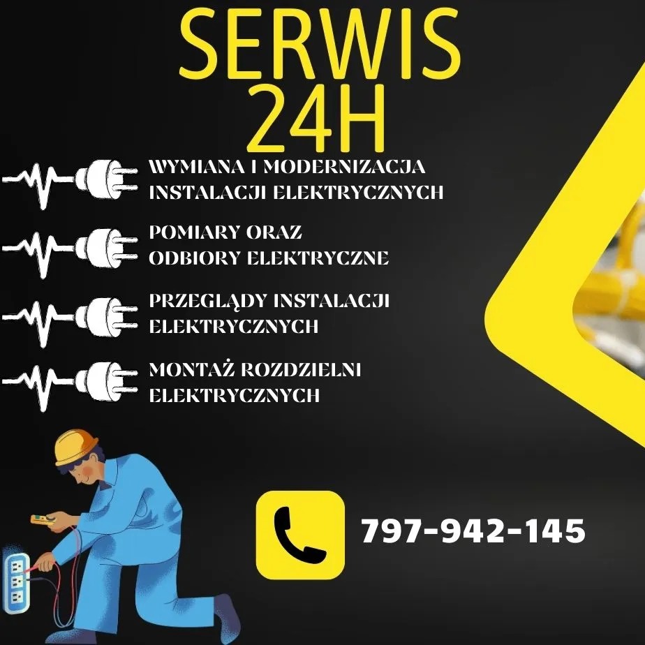 Ilustracja graficzna serwisu elektrycznego 24h w Dobrym Mieście: elektryk w kasku sprawdza gniazdko, obok numer telefonu. Grafika zawiera listę usług: wymiana i modernizacja, pomiary, przeglądy...