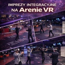 ATEITIS SPÓŁKA Z OGRANICZONĄ ODPOWIEDZIALNOŚCIĄ - Impreza integracyjna na arenie VR: grupa mężczyzn w garniturach i goglach VR celuje z pistoletów w wirtualnej rzeczywistości. Logo firmy na górze.