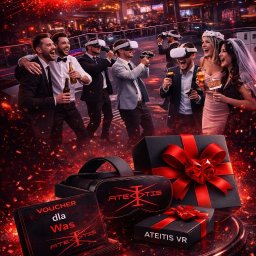 ATEITIS SPÓŁKA Z OGRANICZONĄ ODPOWIEDZIALNOŚCIĄ - Grupowa zabawa w VR z prezentami i voucherami Ateitis VR. Uczestnicy w strojach wieczorowych i ślubnych, w tle rozświetlona przestrzeń eventowa.