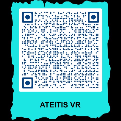 Kod QR z nazwą 'ATEITIS VR' na turkusowym tle.