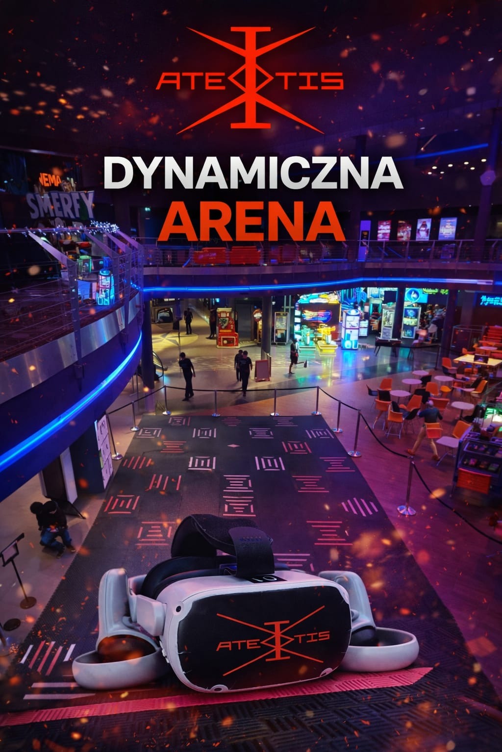 Dynamiczna Arena: wnętrze centrum rozrywki z okularami VR na pierwszym planie. Widoczni ludzie, oświetlenie neonowe i logo firmy Atexis.