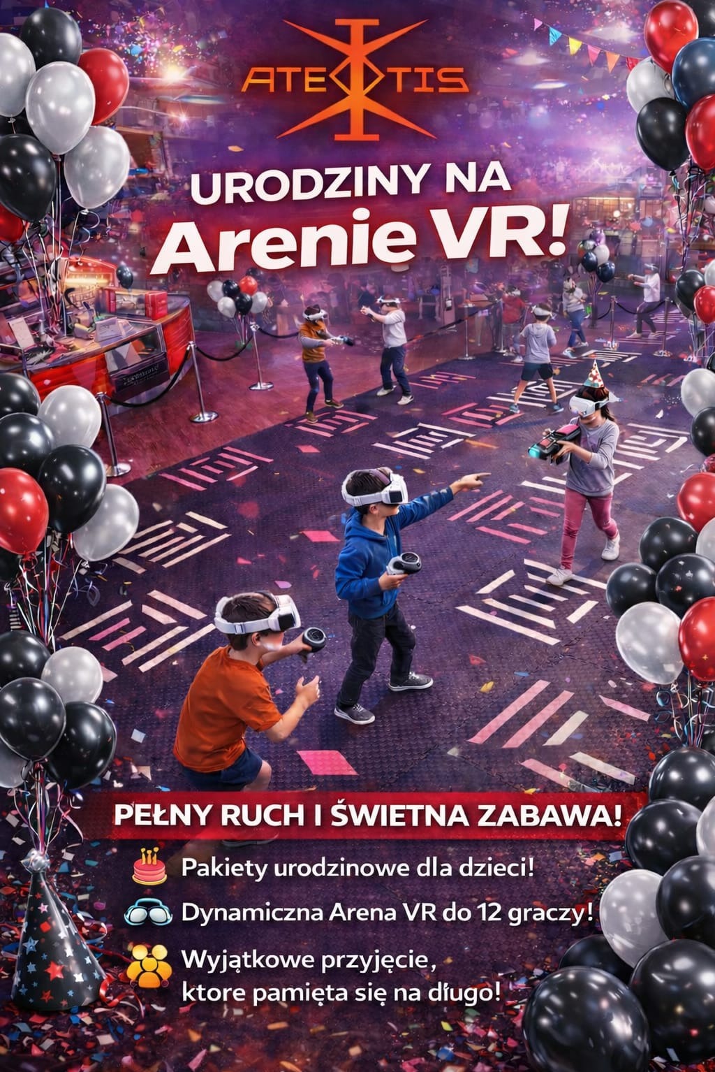Urodziny na Arenie VR: dzieci w goglach VR grają w gry, otoczone balonami i dekoracjami urodzinowymi. Pełny ruch i świetna zabawa!