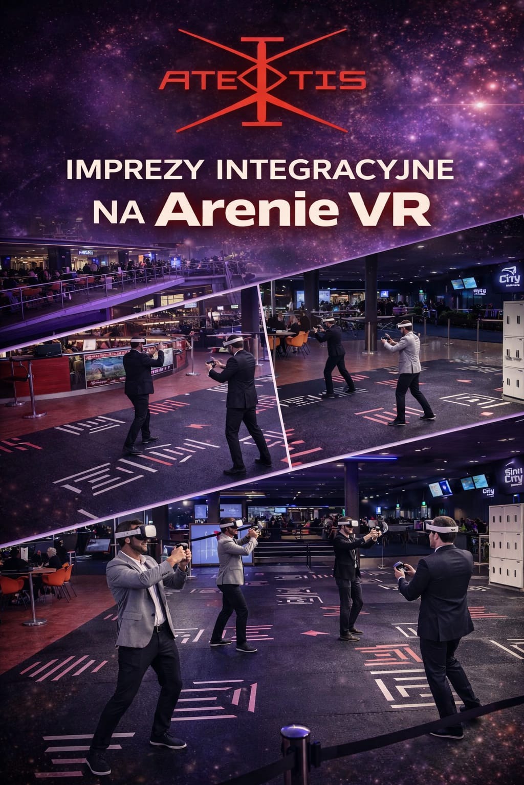 Impreza integracyjna na arenie VR: grupa mężczyzn w garniturach i goglach VR celuje z pistoletów w wirtualnej rzeczywistości. Logo firmy na górze.