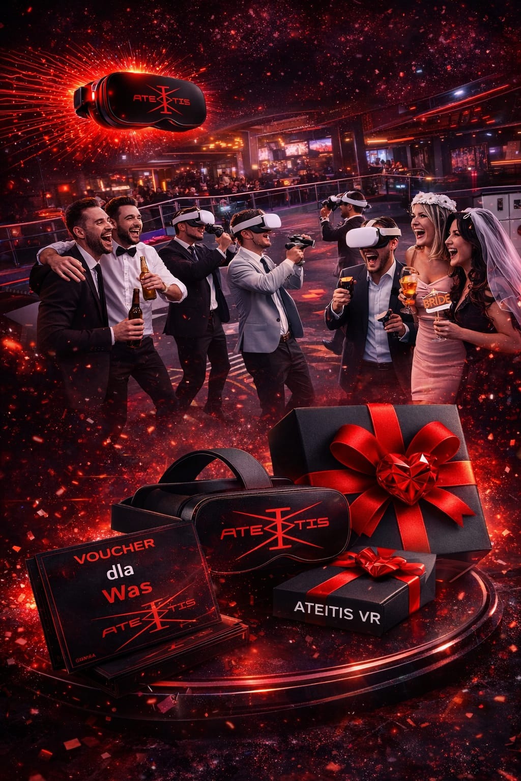 Grupowa zabawa w VR z prezentami i voucherami Ateitis VR. Uczestnicy w strojach wieczorowych i ślubnych, w tle rozświetlona przestrzeń eventowa.