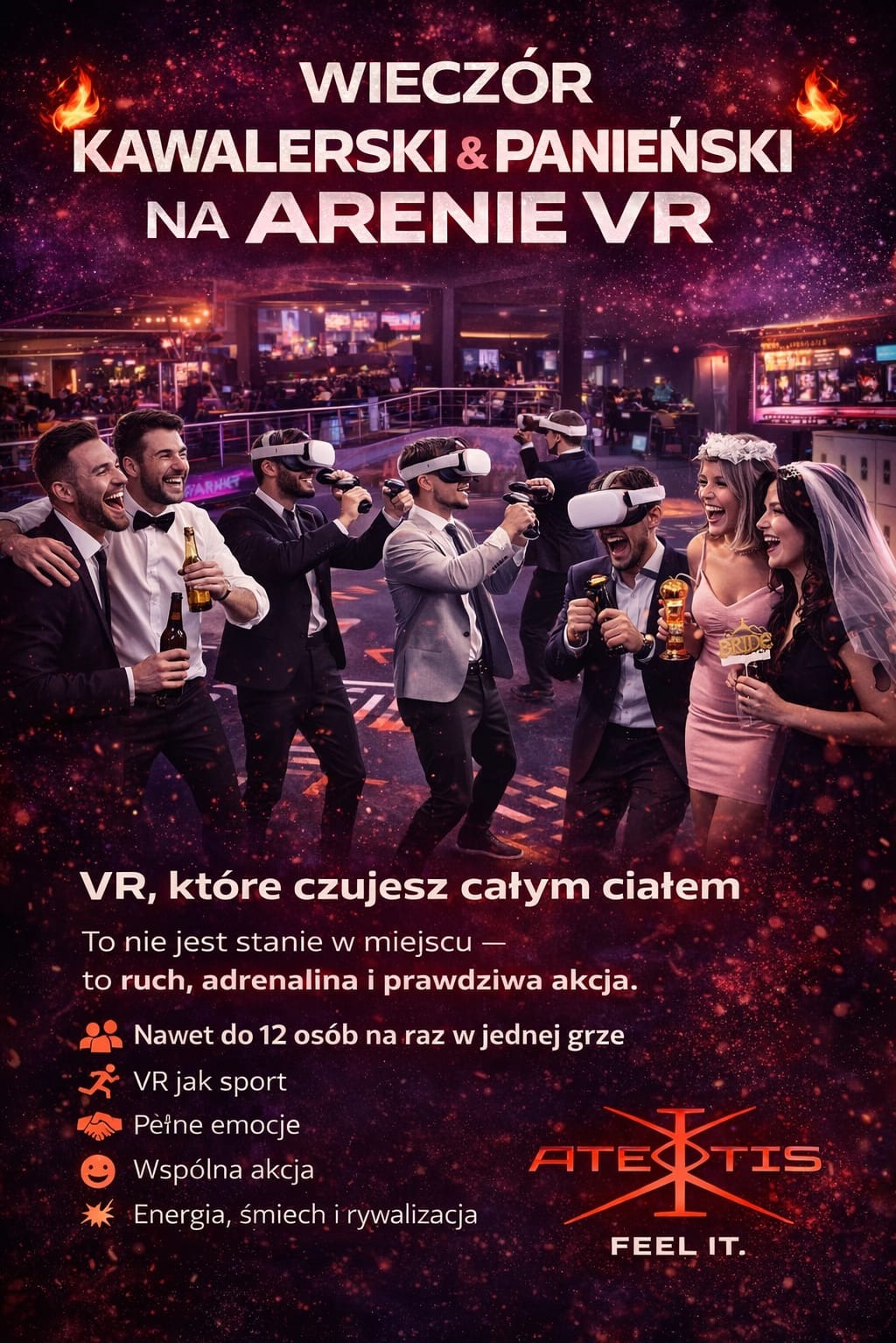 Wieczór kawalerski i panieński na arenie VR: grupa osób w strojach wieczorowych i goglach VR, trzymających kontrolery, w tle arena z innymi uczestnikami.