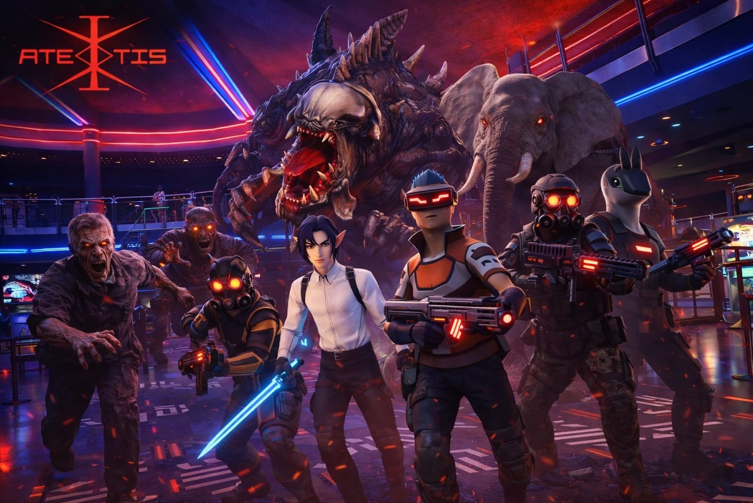 Grafika przedstawia grupę postaci z elementami fantasy i science fiction, w scenerii przypominającej arenę gier, z neonowym oświetleniem i potworami w tle.