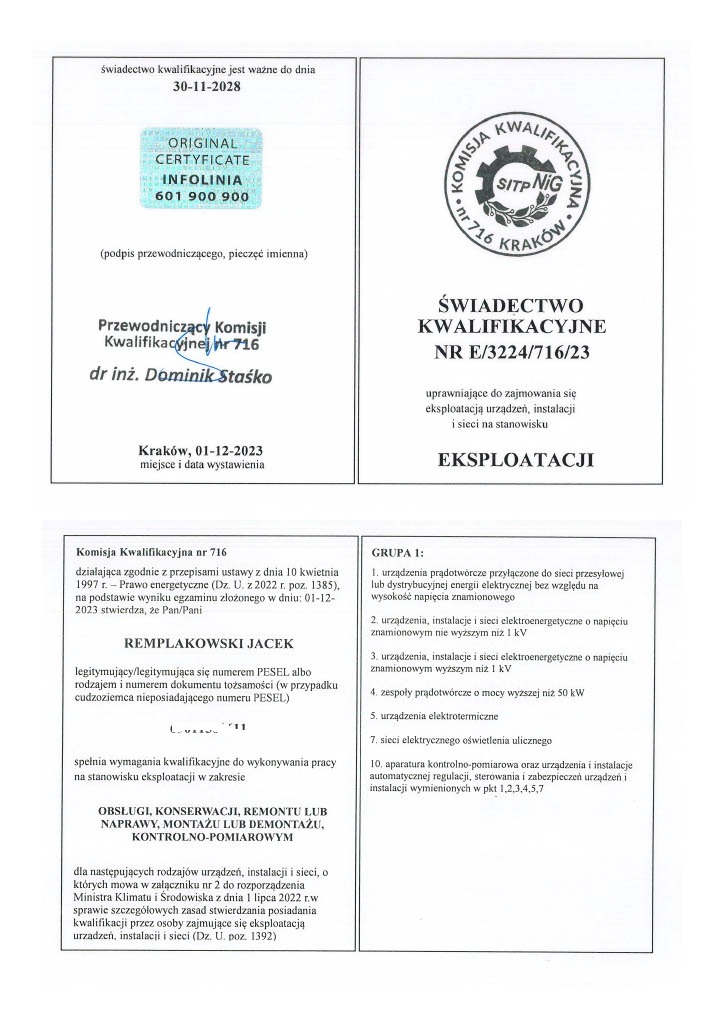 Skan świadectwa kwalifikacyjnego E/3224/716/23 uprawniającego do eksploatacji urządzeń, instalacji i sieci, wydanego przez Komisję Kwalifikacyjną nr 716 w Krakowie, z pieczęcią SITP NiG.