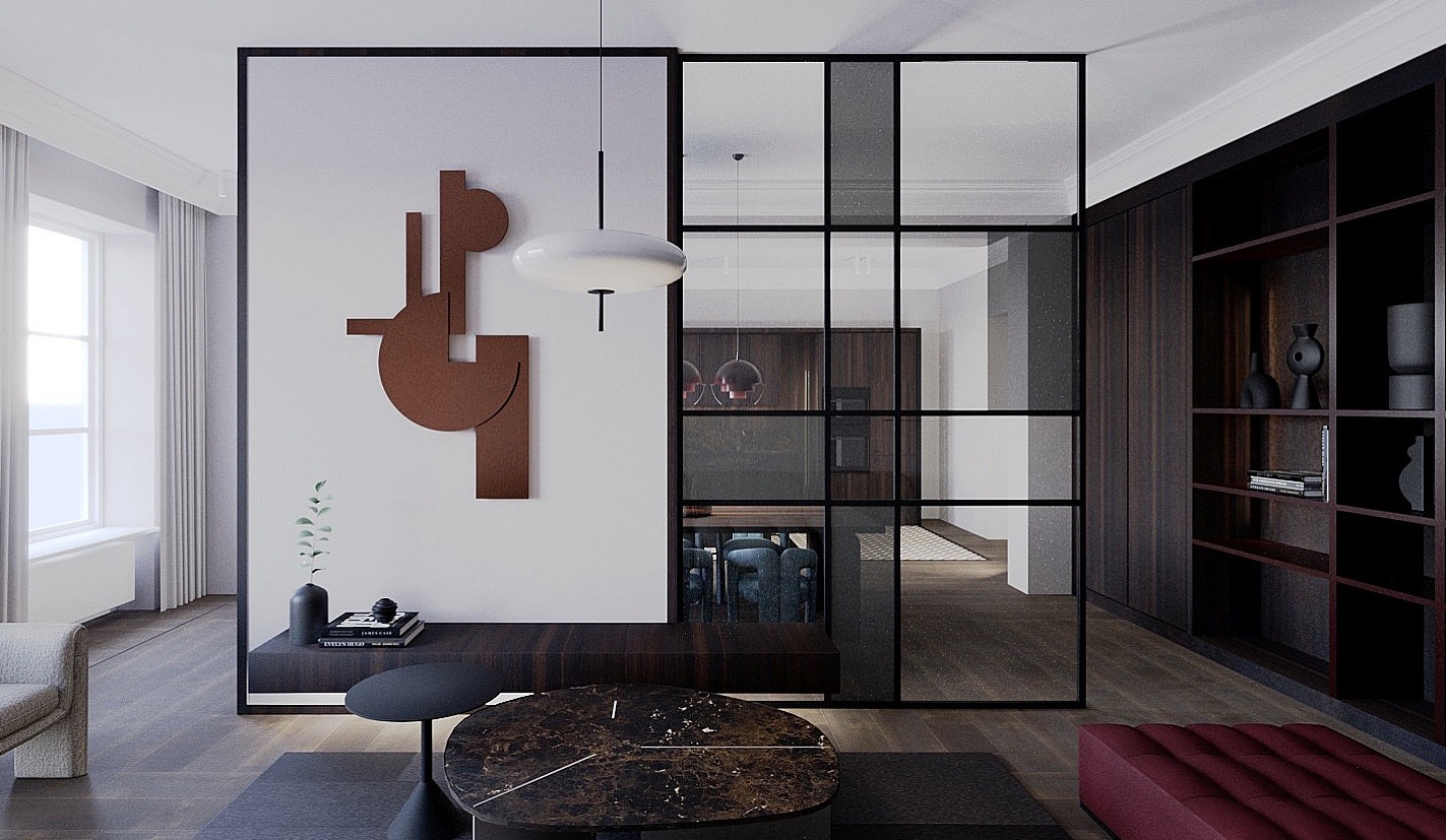 Nowoczesny salon z geometryczną dekoracją ścienną w odcieniach brązu, przeszkloną ścianą działową z czarnymi szprosami oddzielającą przestrzeń, minimalistyczną lampą wiszącą i ciemnymi meblami...