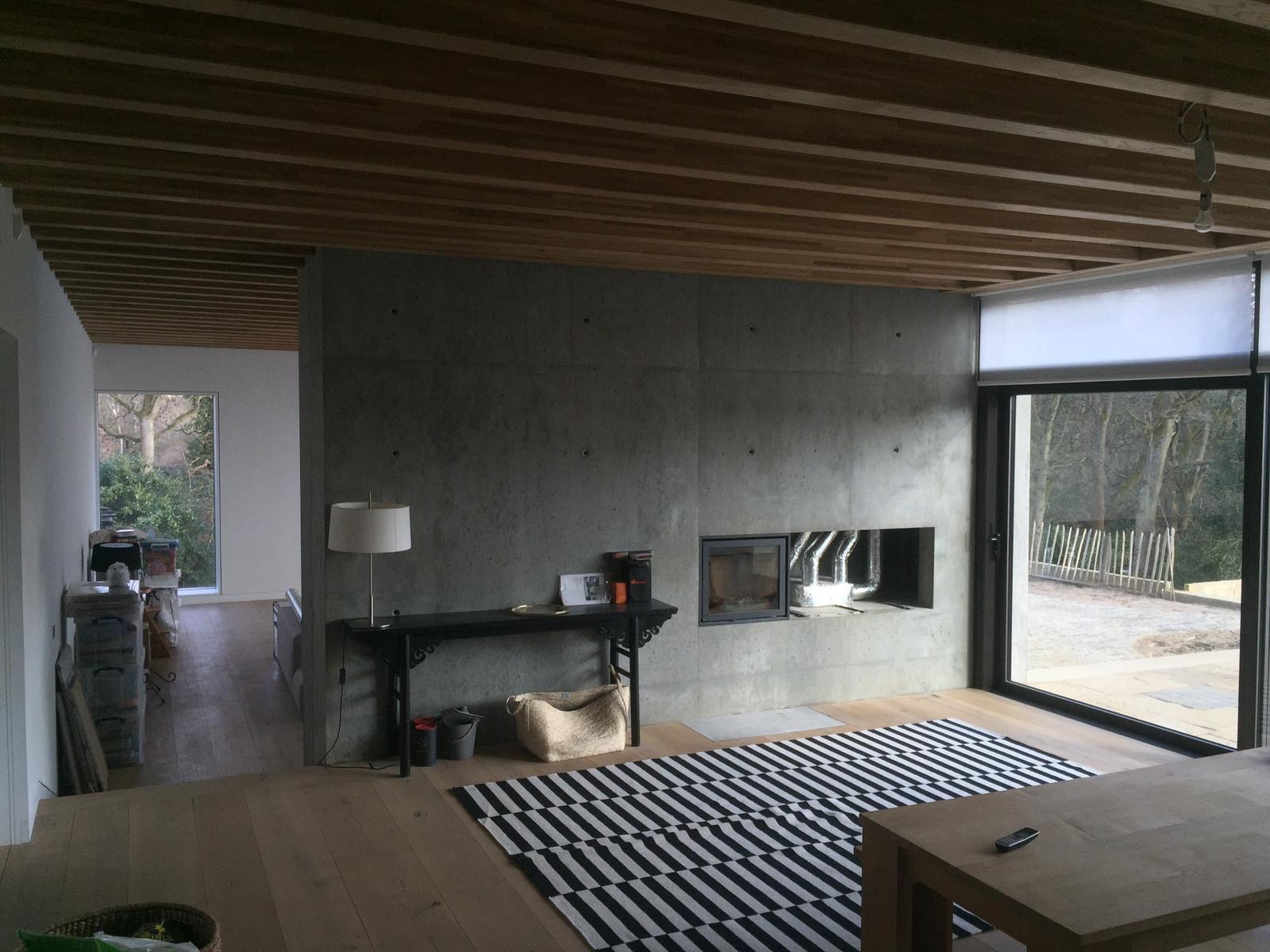 Surowy betonowy kominek z wkładem kominkowym, drewniany sufit z belkami, parkiet, czarno-biały dywan w paski, minimalistyczny wystrój salonu z widokiem na zewnątrz przez duże okno.