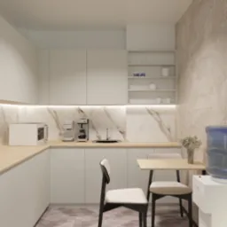 Jasna kuchnia z marmurowym backsplashiem, minimalistycznym oświetleniem podszafkowym i stołem z dwoma krzesłami obok dystrybutora wody.