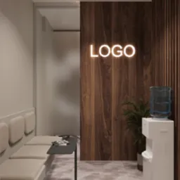 Wnętrze biura z poczekalnią: drewniana ściana z neonowym napisem 'LOGO', białe sofy z poduszkami, czarny stolik, dystrybutor wody i roślina doniczkowa.