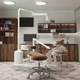 Wizualizacja gabinetu stomatologicznego z brązowym fotelem dentystycznym, oświetleniem sufitowym, szafkami z drewnianym fornirem i wyposażeniem medycznym.