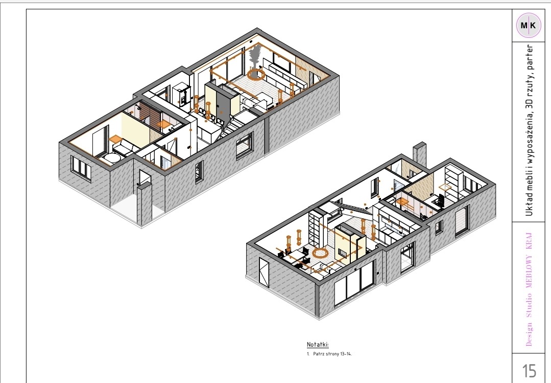 Schemat 3D mieszkania z układem mebli i wyposażenia, rzuty parteru, widok izometryczny z góry, z uwzględnieniem oświetlenia.