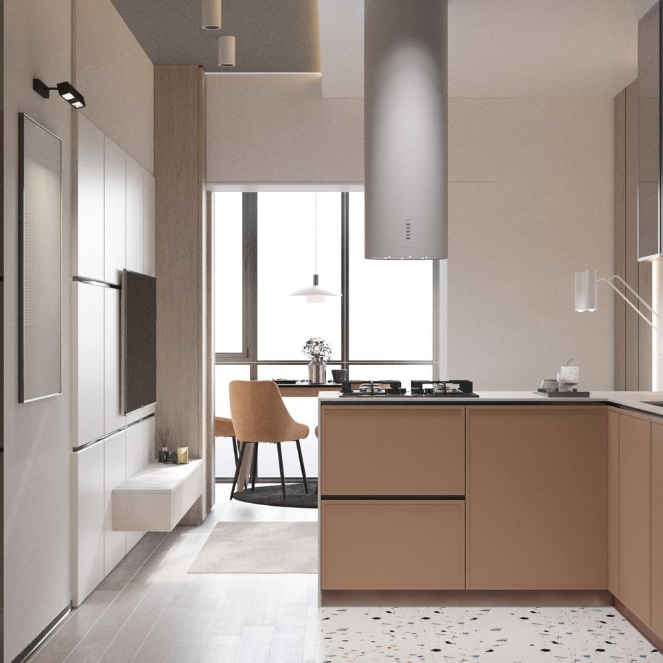 Wizualizacja nowoczesnej kuchni w beżach z wyspą i dużym oknem, widok na jadalnię z krzesłem tapicerowanym, na podłodze lastryko.