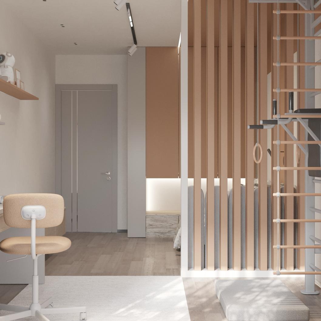 Nowoczesny pokój dziecięcy z biurkiem, ergonomicznym krzesłem i ścianką działową z drewnianych listew oddzielającą strefę spania z drabinką gimnastyczną