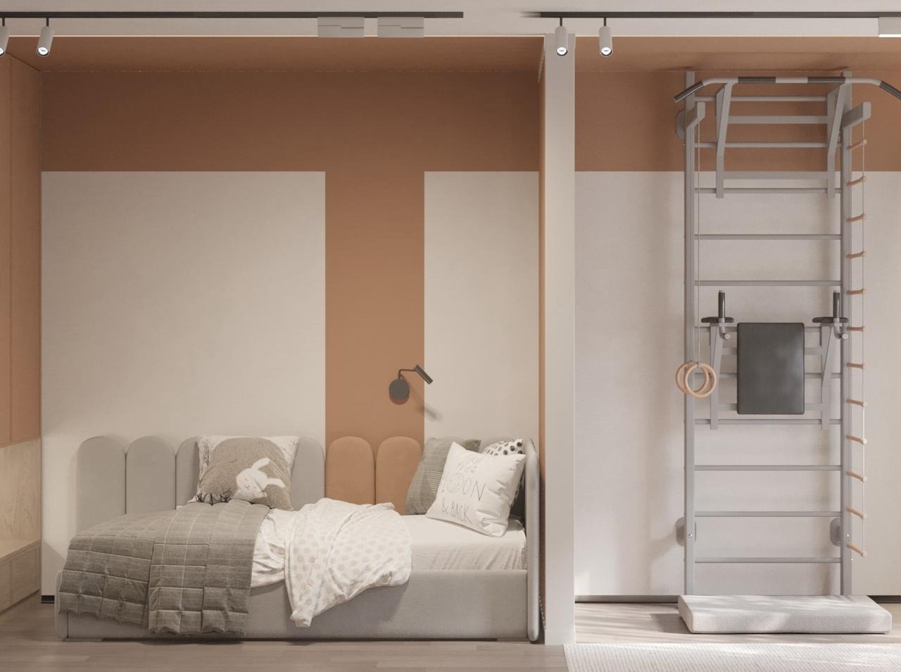 Pokój dziecięcy z łóżkiem w odcieniach szarości i brązu, drabinką gimnastyczną przy ścianie, oświetleniem punktowym i minimalistycznym wystrojem.