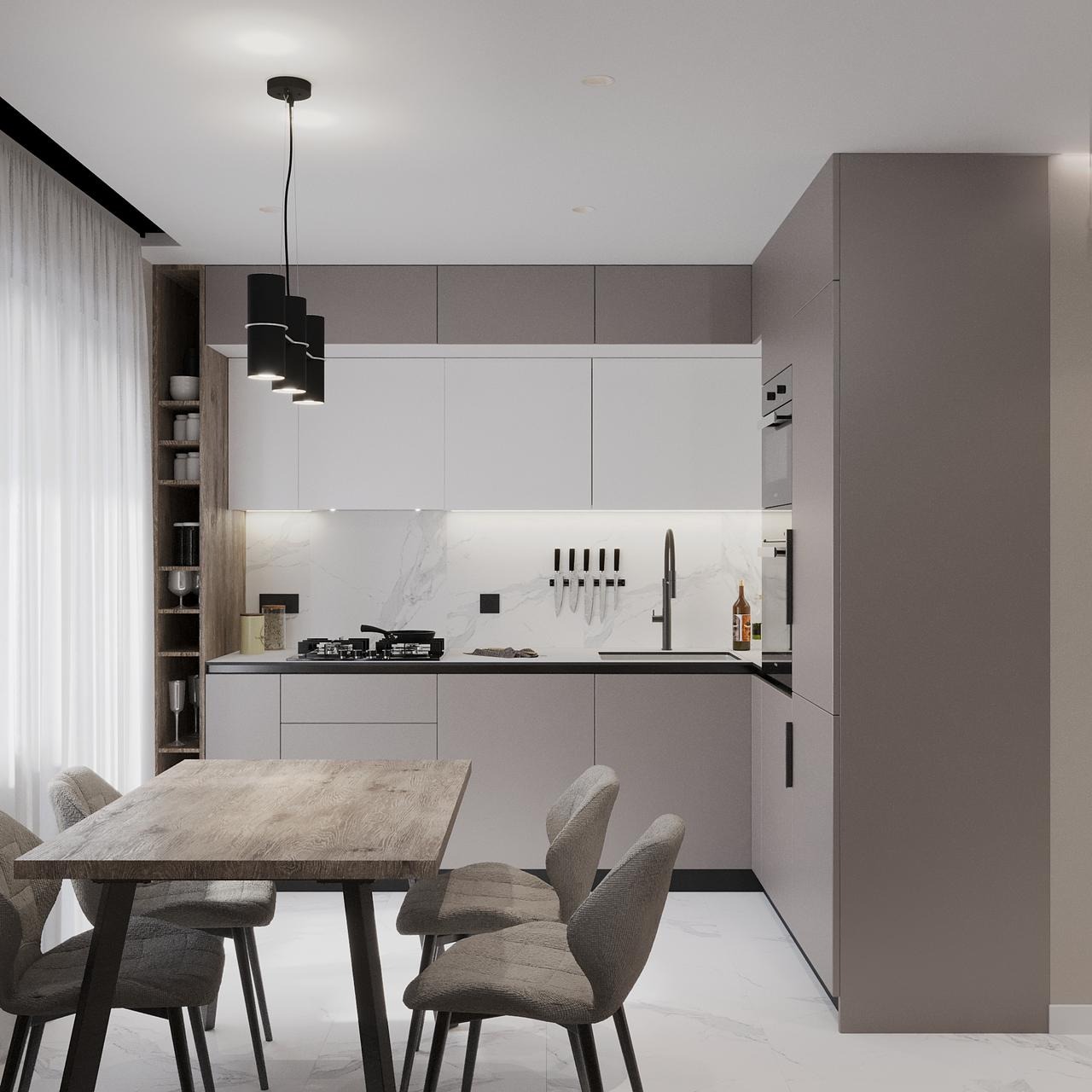 Nowoczesna kuchnia w odcieniach szarości i bieli z marmurowym backsplash, drewnianym stołem jadalnym i minimalistycznym oświetleniem zwisającym nad stołem.
