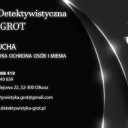 Wizytówka Agencji Detektywistycznej GROT z ikoną detektywa w kapeluszu i okularach, zawierająca dane kontaktowe: imię i nazwisko, numery telefonów, adres e-mail i adres strony internetowej.