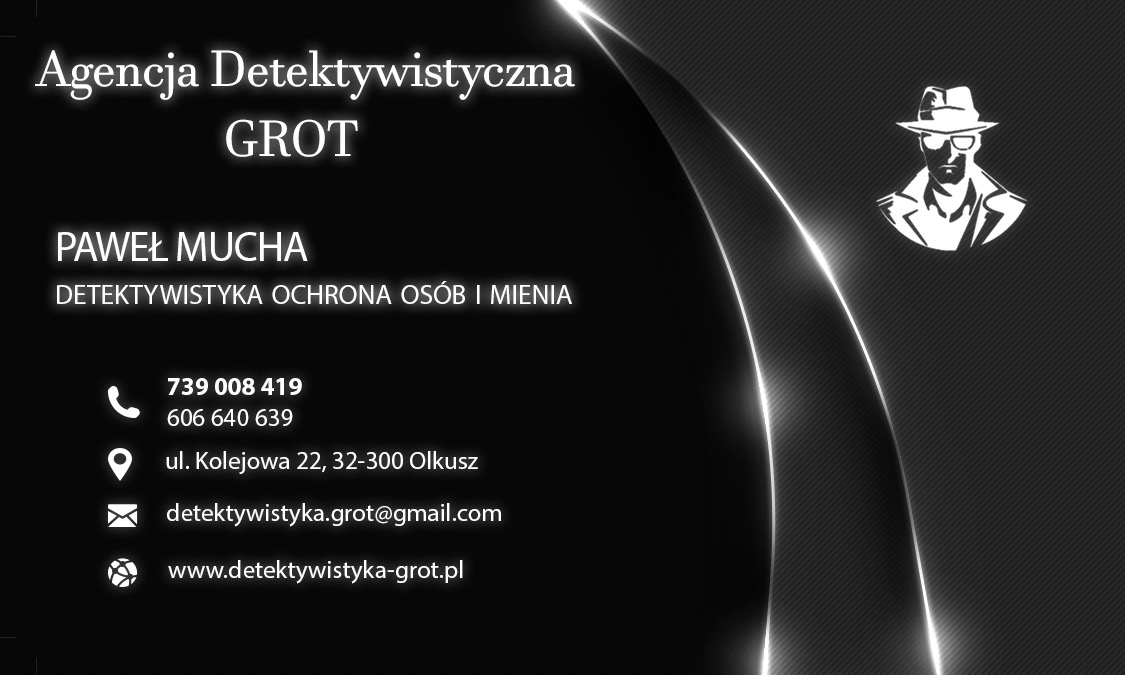 Wizytówka Agencji Detektywistycznej GROT z ikoną detektywa w kapeluszu i okularach, zawierająca dane kontaktowe: imię i nazwisko, numery telefonów, adres e-mail i adres strony internetowej.