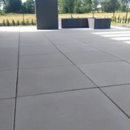 Nowoczesny taras wyłożony szarą kostką brukową o regularnym kształcie, z widocznymi donicami i roślinami w tle.