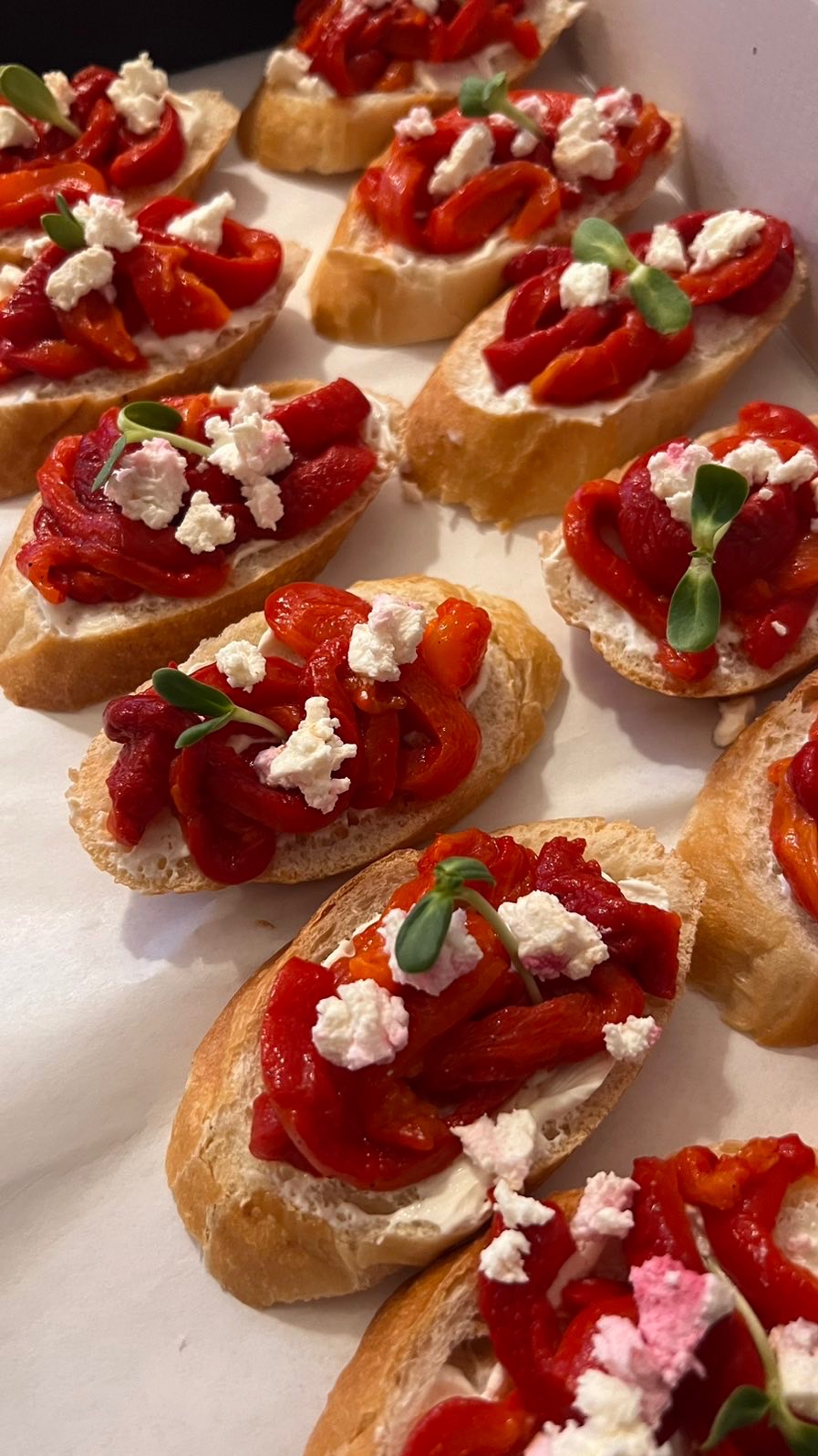 Apetizing bruschetta with roasted red peppers, creamy cheese, and fresh sprouts, arranged in a box, ready to serve. Close-up shot.